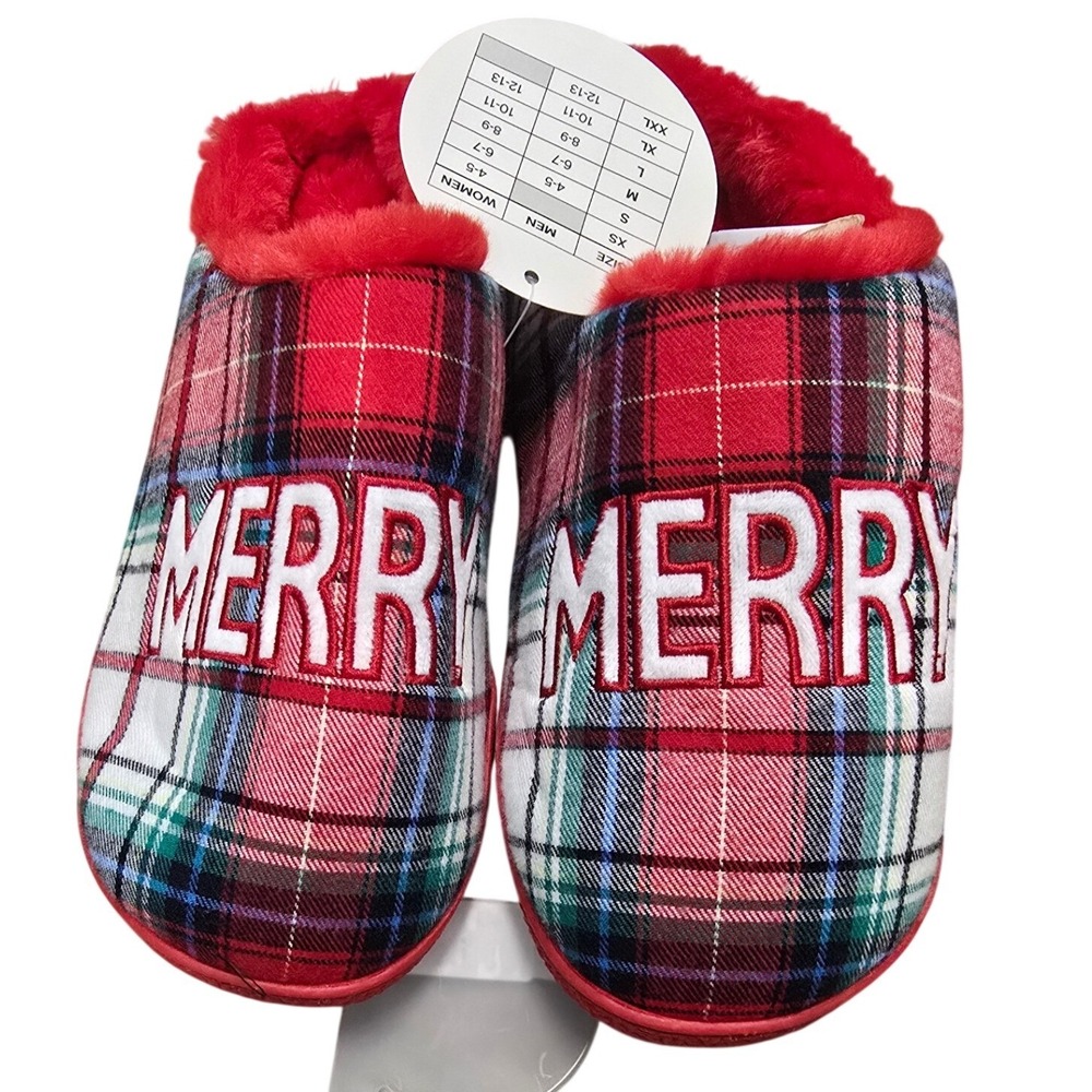 Holiday Lane Merry Red Plaid Faux Fur Slippers Mens 4-5 Womens 6-7 Small NEW